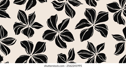 Hand drawn minimal abstract flowers. Seamless patterns with organic shapes black and white color for fabric, textiles, clothing, wallpaper, cover, banner, home decor, florals backgrounds.