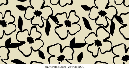 Hand drawn minimal abstract flowers. Seamless patterns with organic shapes black and white color for fabric, textiles, clothing, wallpaper, cover, banner, home decor, florals backgrounds.