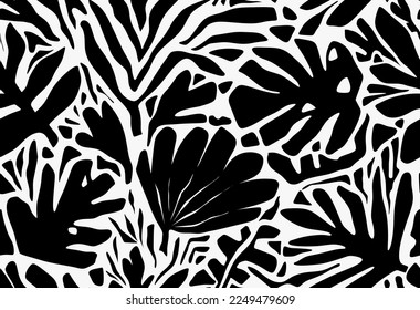 Hand drawn minimal abstract organic shapes seamless pattern, leaves and flowers.