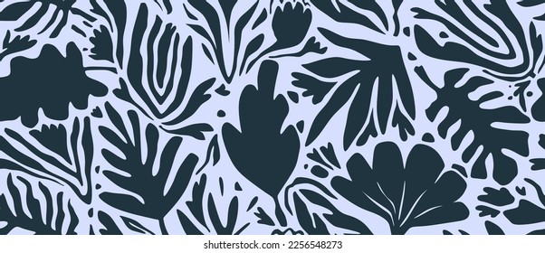 Hand drawn minimal abstract organic shapes seamless pattern, leaves and flowers.