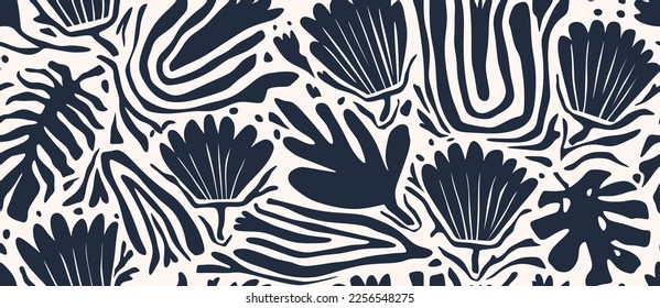 Hand drawn minimal abstract organic shapes seamless pattern, leaves and flowers.