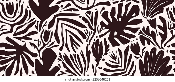 Hand drawn minimal abstract organic shapes seamless pattern, leaves and flowers.