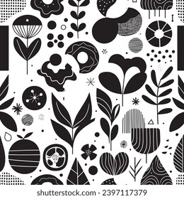 Hand drawn minimal abstract organic shapes of flowers and fruits pattern