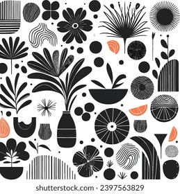 Hand drawn minimal abstract organic shapes of flowers and fruits pattern