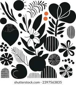 Hand drawn minimal abstract organic shapes of flowers and fruits pattern