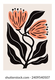 Hand drawn minimal abstract organic shapes flowers. Linocut contemporary print. Matisse art style. Nature Floral Bouquet. Modern print in black color.