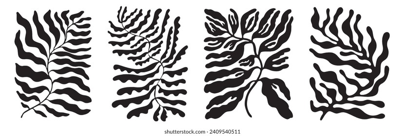 Hand drawn minimal abstract organic shapes pattern. Linocut contemporary print. Matisse pattern style. Nature background. Floral pattern. Modern print in black color.