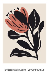 Hand drawn minimal abstract organic shapes flowers. Linocut contemporary print. Matisse art style. Nature Floral Bouquet. Modern print in black color.