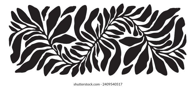 Hand drawn minimal abstract organic shapes pattern. Linocut contemporary print. Matisse pattern style. Nature background. Floral pattern. Modern print in black color.