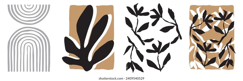 Hand drawn minimal abstract organic shapes pattern. Linocut contemporary print. Matisse pattern style. Nature background. Floral pattern. Modern print in black color.