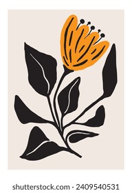 Hand drawn minimal abstract organic shapes flowers. Linocut contemporary print. Matisse art style. Nature Floral Bouquet. Modern print in black color.