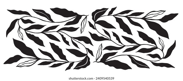 Hand drawn minimal abstract organic shapes pattern. Linocut contemporary print. Matisse pattern style. Nature background. Floral pattern. Modern print in black color.