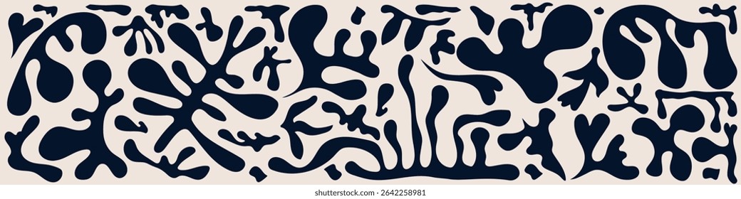 Hand drawn minimal abstract organic shapes pattern in boho style. Cut out twigs, plants and leaves isolated on a beige background