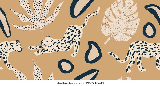 Hand drawn minimal abstract pattern with leopards. Bohemian style collage contemporary seamless pattern. Fashionable template for design.