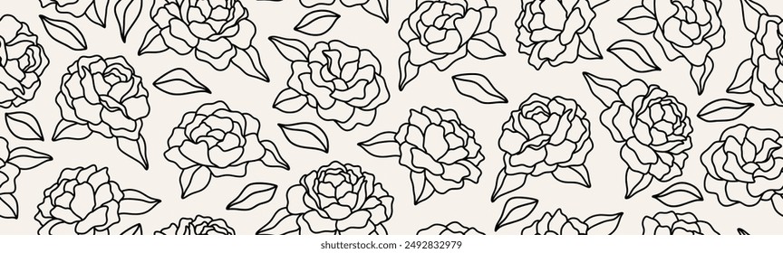 Hand drawn minimal abstract roses flower seamless pattern with line art style.
