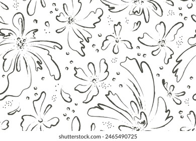 Hand drawn minimal abstract seamless floral pattern. Flowers plants drawn with ink strokes. Collage modern botanical print. Simple rough line art illustration. Black and white monochromatic palette.