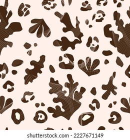 Hand drawn minimal abstract shapes of leaves and leopard skin patches. Collage silhouettes organic modern print elements. Fashion print for design.