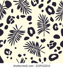 Hand drawn minimal abstract shapes of palm leaves and leopard skin patches. Collage silhouettes organic modern print elements. Fashion print for design.