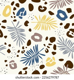 Hand drawn minimal abstract shapes of palm leaves and leopard skin patches. Collage silhouettes organic modern print elements. Fashion print for design.