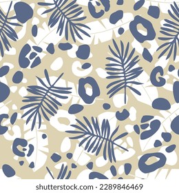 Hand drawn minimal abstract shapes of palm leaves, banana leaves and leopard skin patches. Collage silhouettes organic modern print elements. Fashion print for design.