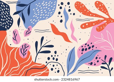 Hand drawn minimal background. Flowers and organic shapes background, banner, wallpaper and cards