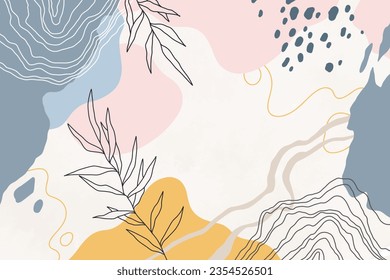 Hand drawn minimal background. watercolor abstract doodle background. Flowers, leaves and organic shapes background, banner, wallpaper and cards.