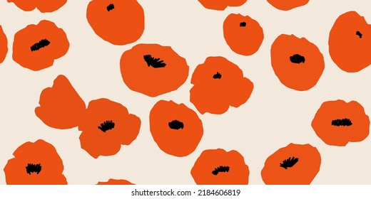 Hand drawn minimal bright abstract poppy flowers pattern. Collage contemporary print. Fashionable template for design.