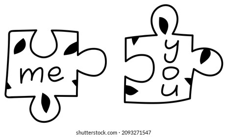 Hand drawn minimal cartoon illustration of outline puzzle pieces that fit each other. Cute doodle simple valentines day line art. Flat vector love, romantic, game, sticker, icon or print. Isolated.