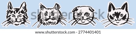 Hand drawn minimal cat or kitten head doodle in charcoal, ink or wax crayon sketch style. Chalk textured kitty drawing nursery sticker aesthetic. Scrapbook diary cut out isolated vector illustration.