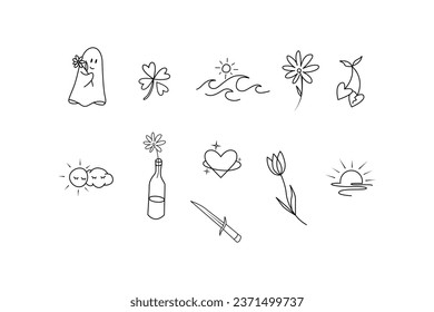 hand drawn minimal elements tattoo set, ghost, heart, sword, wave, earth, sun tattoo illustration sets, earth elements set vector line art
