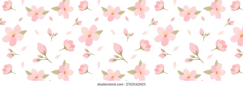 Hand drawn  Minimal flat sakura cherry blossom seamless pattern with soft pink flowers on a white background, vector illustration created manually