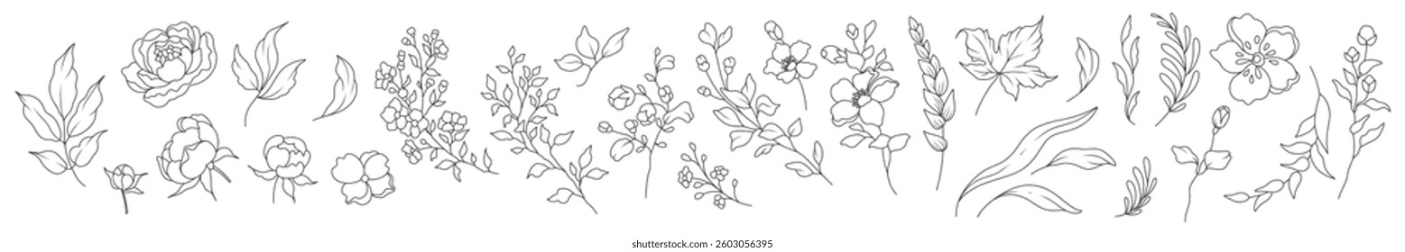 Hand drawn minimal floral elements in line art style Set. Greenery for decoration, flowers, branches and leaves. Vector illustration set for logo, tattoo, wedding invitation, save the date, card