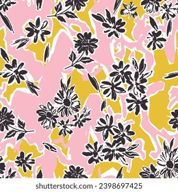 Hand drawn minimal flower pattern on abstract swirl wavy background