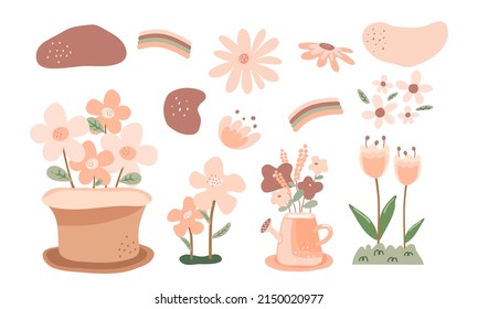 Hand drawn minimal flower wallpaper. pastel color flowers. rainbow, plant pot, minimal art, cute flower, flower in  watering pot. design for social media, prints, posters.