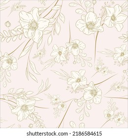 Hand drawn minimal gold floral seamless pattern