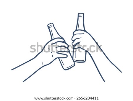 Hand drawn, Minimal Line Art of Two Hands Clinking Bottles - Illustration of Cheering and Celebration