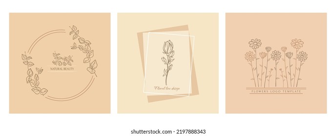 Hand drawn minimal logo of blooming flowers and leaves in line art. Bohemian floral vector illustration. Decorative botanique monogram composition for greeting card, wedding invitation, fabric