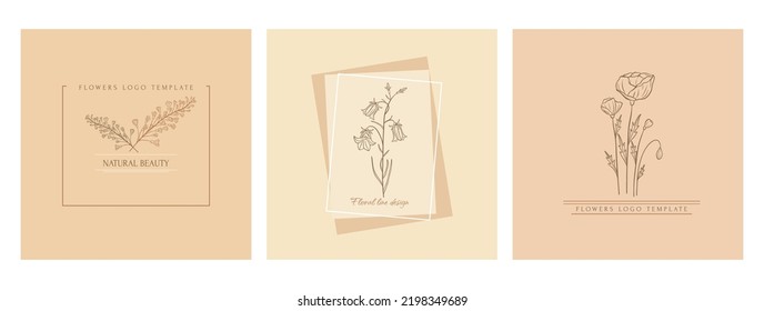Hand drawn minimal logo of blooming flowers and leaves in line art. Bohemian floral vector illustration. Decorative botanique monogram composition for greeting card, wedding invitation, fabric