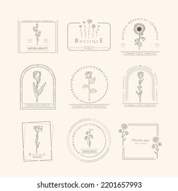 Dibujo manual del logo mínimo de flores florecientes y hojas en línea de arte. Ilustración portadora de flores bohemias. Composición de monograma botánico decorativo para tarjeta de saludo, invitación a la boda, tela