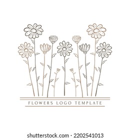 Hand Drawn Minimal Logo Of Blooming Flowers And Leaves In Line Art. Bohemian Floral Vector Illustration. Decorative Botanique Monogram Composition For Greeting Card, Wedding Invitation, Fabric