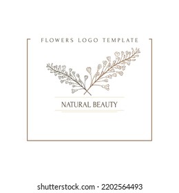 Hand drawn minimal logo of blooming flowers and leaves in line art. Bohemian floral vector illustration. Decorative botanique monogram composition for greeting card, wedding invitation, fabric