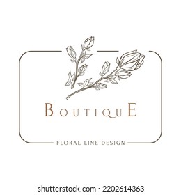 Hand Drawn Minimal Logo Of Blooming Flowers And Leaves In Line Art. Bohemian Floral Vector Illustration. Decorative Botanique Monogram Composition For Greeting Card, Wedding Invitation, Fabric