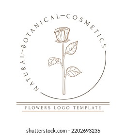 Hand Drawn Minimal Logo Of Blooming Flowers And Leaves In Line Art. Bohemian Floral Vector Illustration. Decorative Botanique Monogram Composition For Greeting Card, Wedding Invitation, Fabric