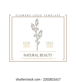 Hand Drawn Minimal Logo Of Blooming Flowers And Leaves In Line Art. Bohemian Floral Vector Illustration. Decorative Botanique Monogram Composition For Greeting Card, Wedding Invitation, Fabric