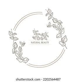 Hand drawn minimal logo of leaves eucalyptus in line art. Bohemian floral vector illustration. Decorative botanique monogram composition for greeting card, wedding invitation