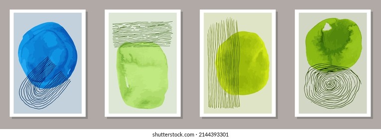Hand drawn minimal posters vector collection. Watercolor smudges patterns. 60s style design. Youth artwork layouts. Brush stroke elements.