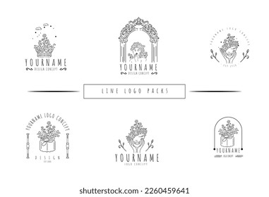 Dibujo manual minimalista simple negro y blanco línea de flores logo estilo vector paquete de diseño