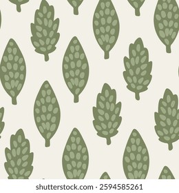 Hand drawn minimal trees forming a forest pattern in a color palette of sage green and forest green on an off white background. Seamless vector pattern. Great for home decor, fabric, wallpaper, gifts.