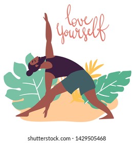 Hand Drawn Minimal Vector Illustration Of Cartoon BLACK Man Character Doing Yoga Asana Pose Outside In Nature With Backgroud Of Tropical Leafs And Plants.