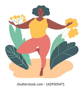 Hand drawn minimal vector illustration of cartoon black woman character doing yoga asana pose outside in nature with backgroud of tropical leafs and plants.